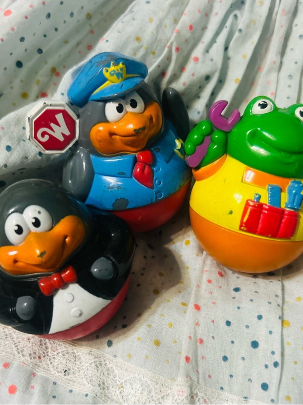 Playskool Weebles Set - Colorful Penguin, Policeman, and Frog vintage Wobble
